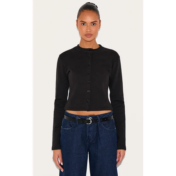 Black Button Up Fitted Sweatshirt