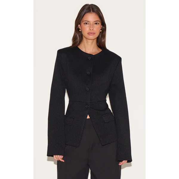Black Button Up Longline Collarless Blazer