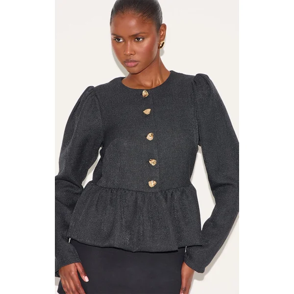 Black Button Up Peplum Balloon Sleeve Jacket