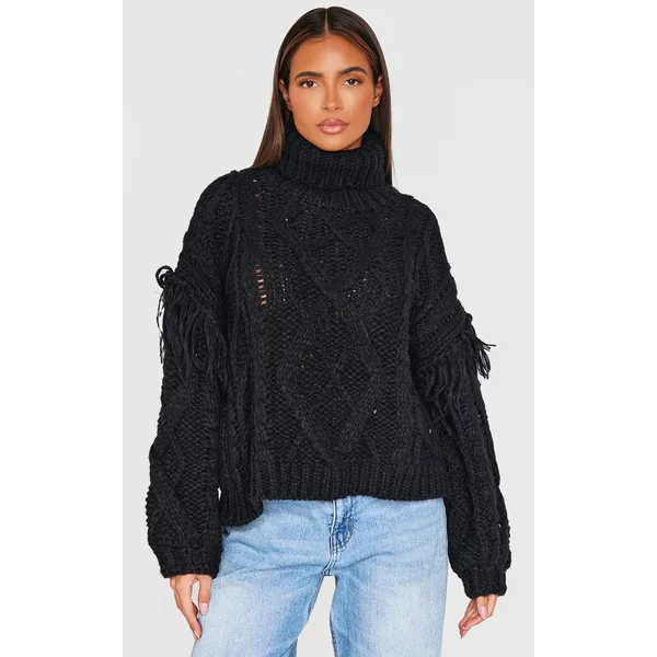 Black Cable Knit Tassel Detail Roll Neck Sweater