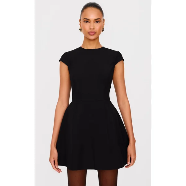 Black Cap Sleeve Mini Curved Shift Dress