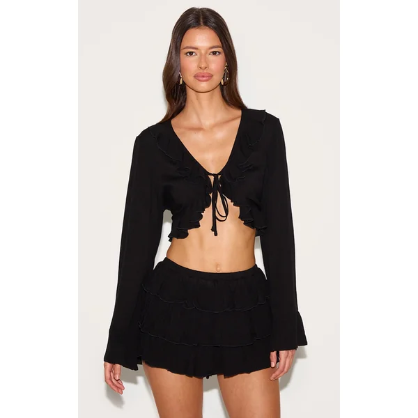Black Cheesecloth Ruffle Tie Front Long Sleeve Top