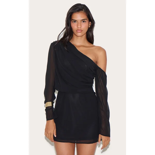 Black Chiffon Asymmetric Ruched Shift Dress
