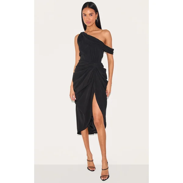 Black Chiffon Asymmetric Strap Draped Midi Dress