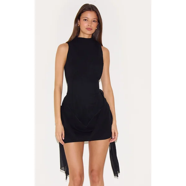 Black Chiffon Boat Neck Drape Detail Mini Dress