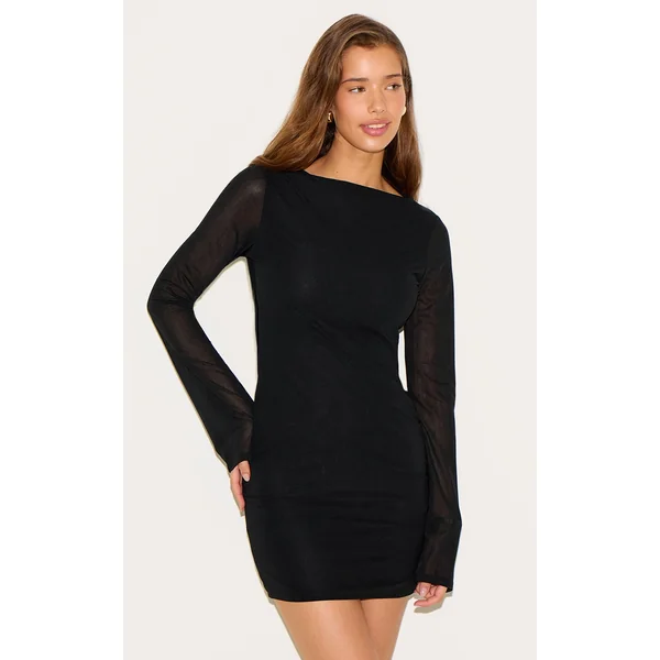 Black Chiffon Boat Neck Long Sleeve Shift Dress