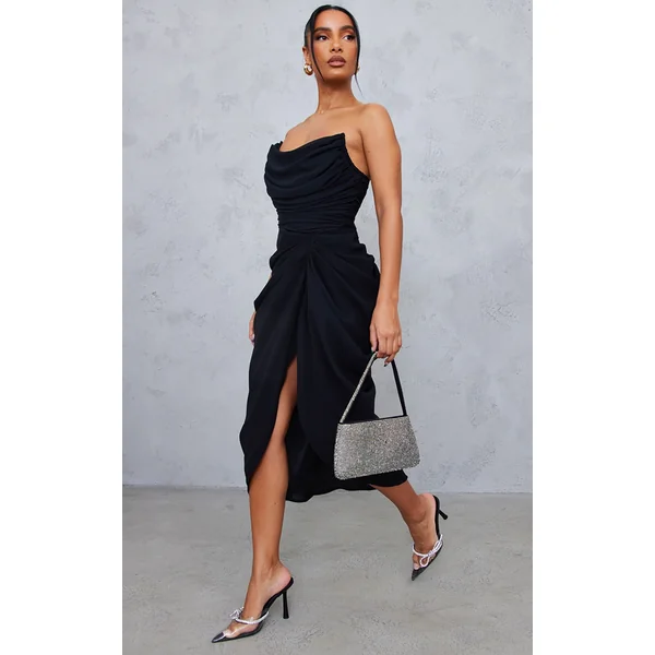 Black Chiffon Corset Bandeau Draped Midi Dress