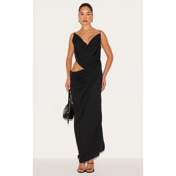 Black Chiffon Drape Cut Out Midaxi Dress