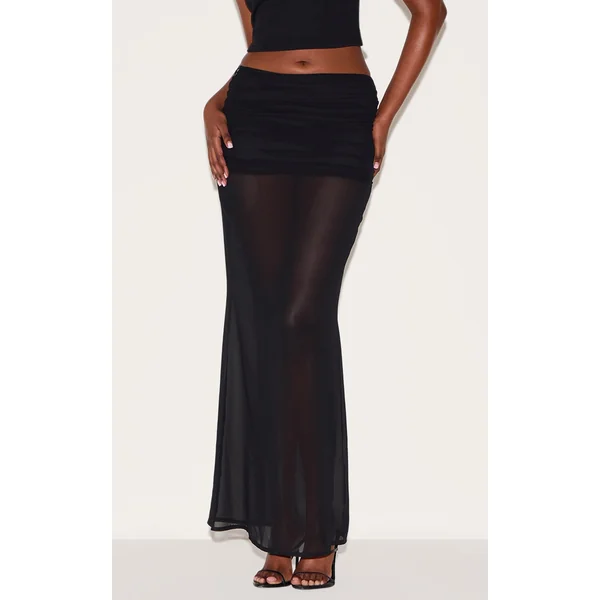 Black Chiffon Fold Over Ruched Maxi Skirt