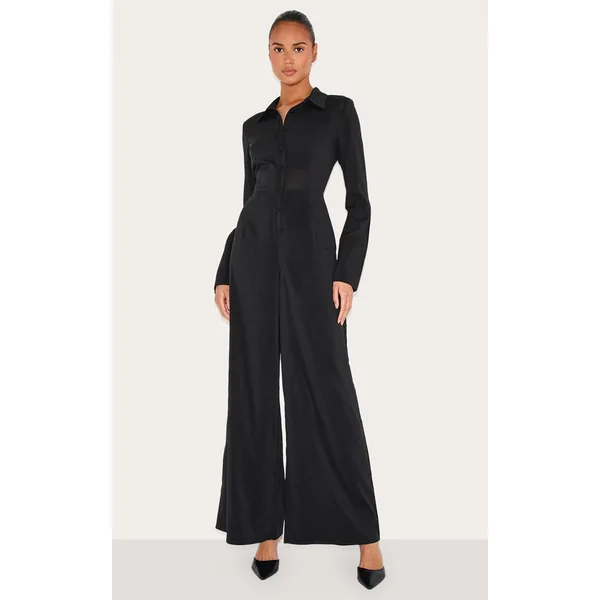 Black Chiffon Long Sleeve Cinched Wide Leg Jumpsuit