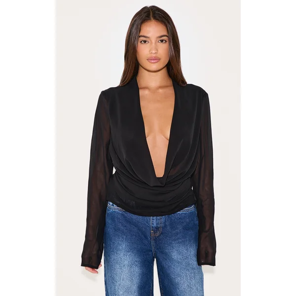 Black Chiffon Long Sleeve Sheer Cowl Blouse