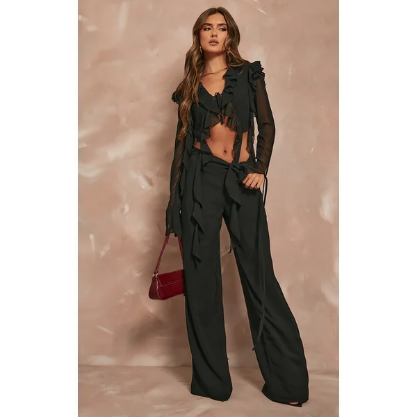 Black Chiffon Mid Rise Wide Leg Pants