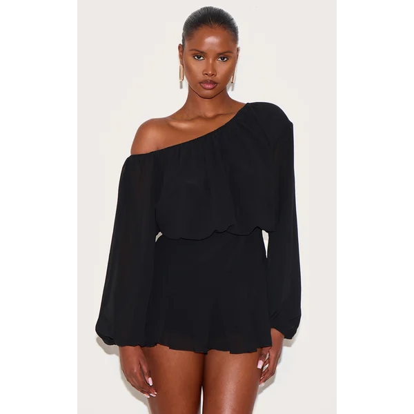Black Chiffon One Shoulder Floaty Skort Romper