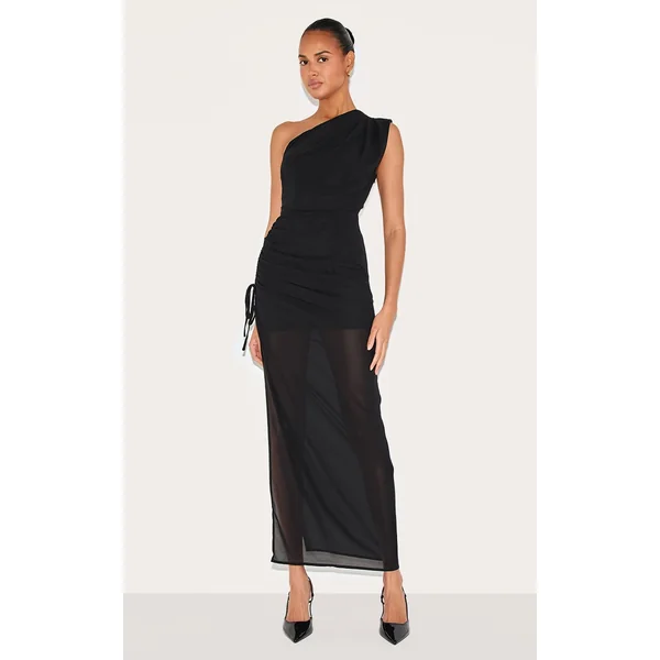 Black Chiffon One Shoulder Ruched Maxi Dress