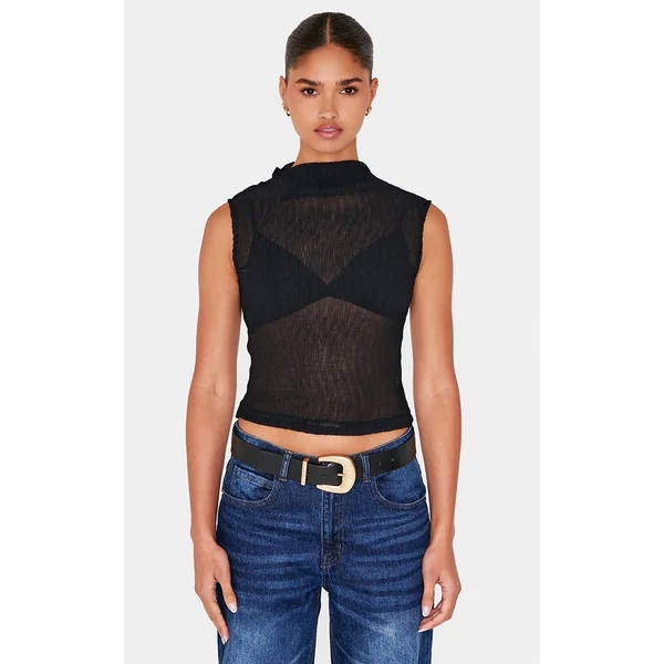 Black Chiffon Plisse High Neck Long Top