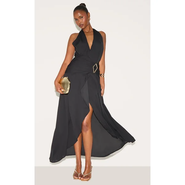 Black Chiffon Plunge Trim Detail Maxi Dress