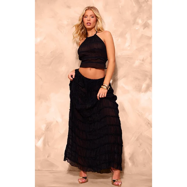 Black Chiffon Ruched Netting Detail Maxi Skirt