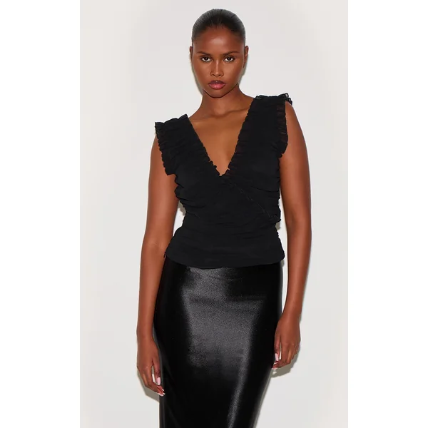 Black Chiffon Ruffle Ruched Sleeveless Top