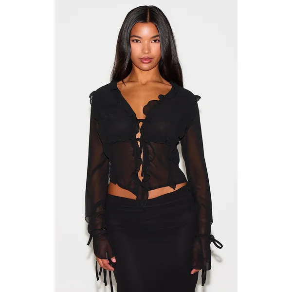 Black Chiffon Ruffle Tie Front Blouse