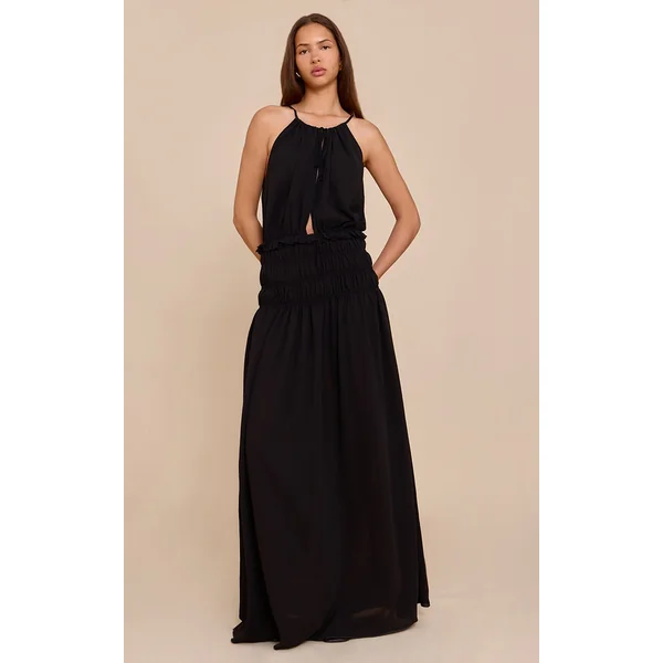 Black Chiffon Shirred Maxi Dress