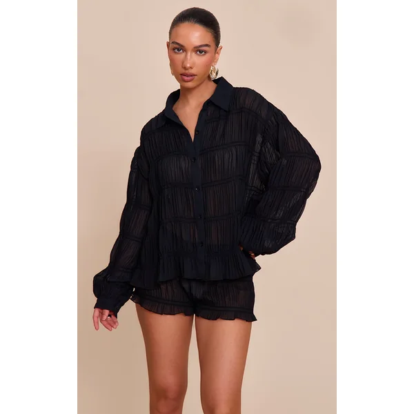 Black Chiffon Shirred Shirt