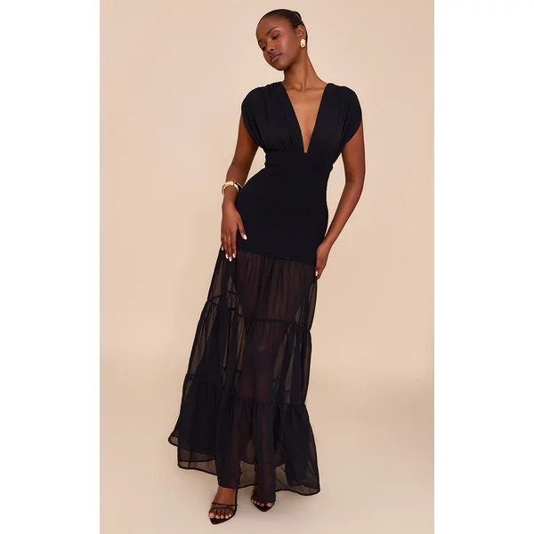 Black Chiffon Shirred Tiered Maxi Dress