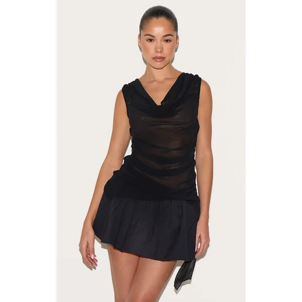 Black Chiffon Sleeveless Drape Long Top