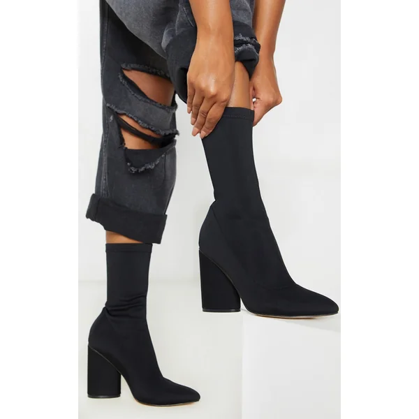 Black Chunky Block Heel Sock Boot