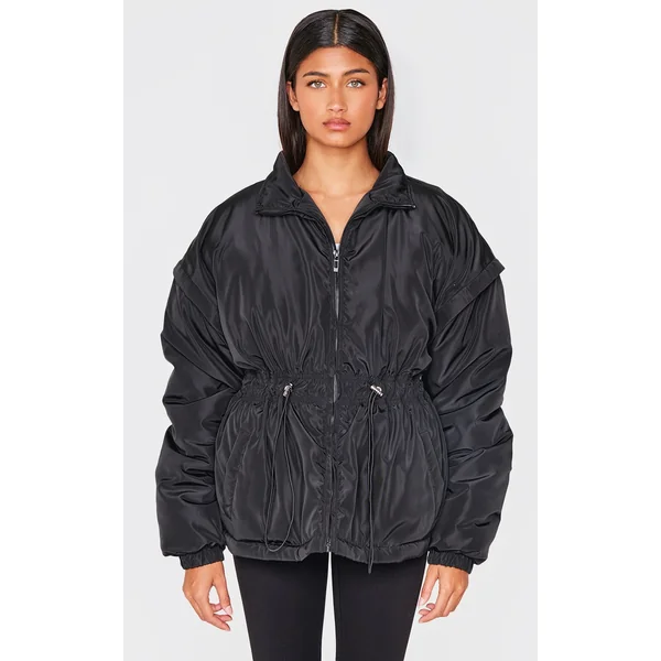 Black Cinched Waist Padded Jacket