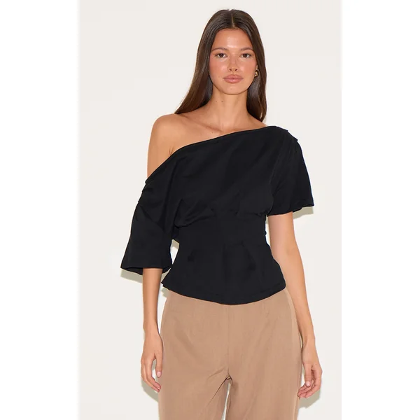 Black Cinched Waist Structured T Shirt