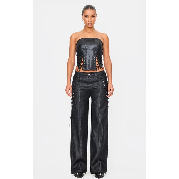 Black Coated Denim Lace Up Wide Leg Jean