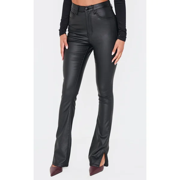 Black Coated Denim Split Hem Flares