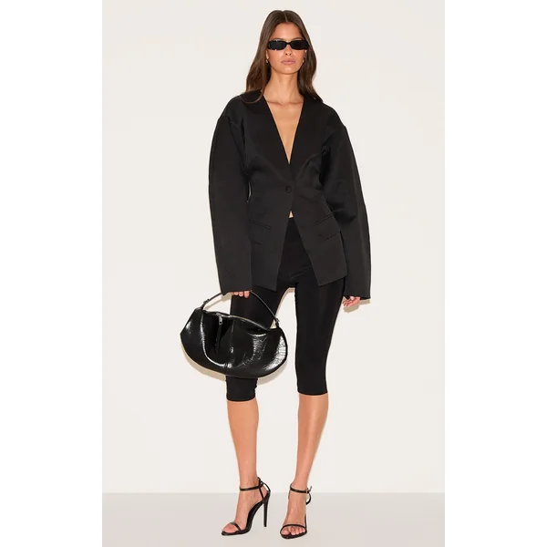 Black Cocoon Sleeve Cinched Waist Pocket Blazer