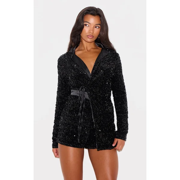 Black Collar Detail Sequin Romper