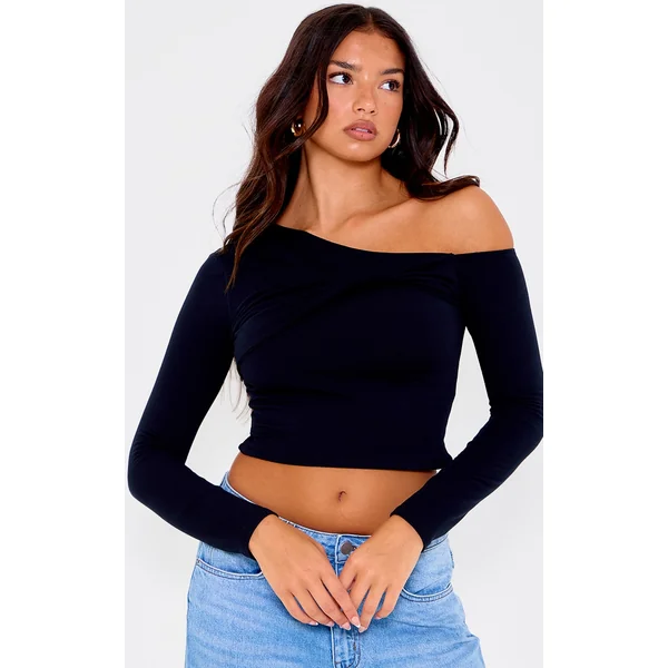 Black Contour Jersey Asymmetric Twist Detail Long Sleeve Top