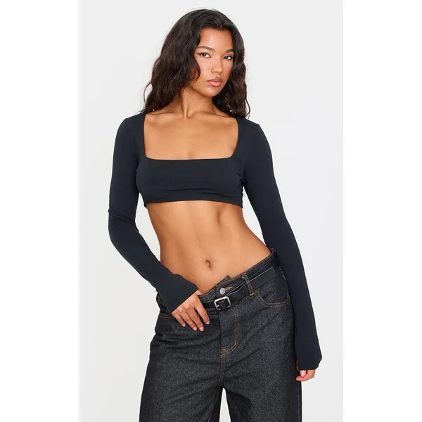 Black Contour Jersey Cropped Square Neck Top