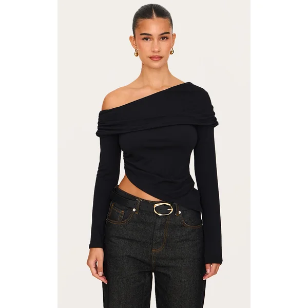 Black Contour Jersey Fold Over Detail Bardot Long Sleeve Top