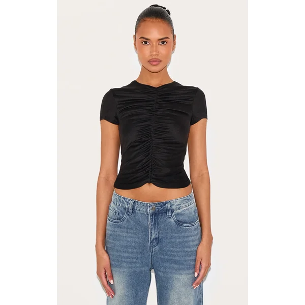 Black Contour Jersey Ruched Fitted T-shirt