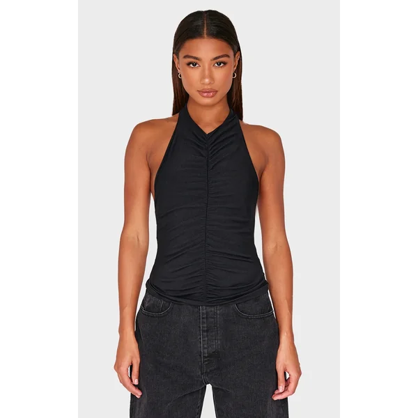 Black Contour Jersey Ruched Halter Neck Top