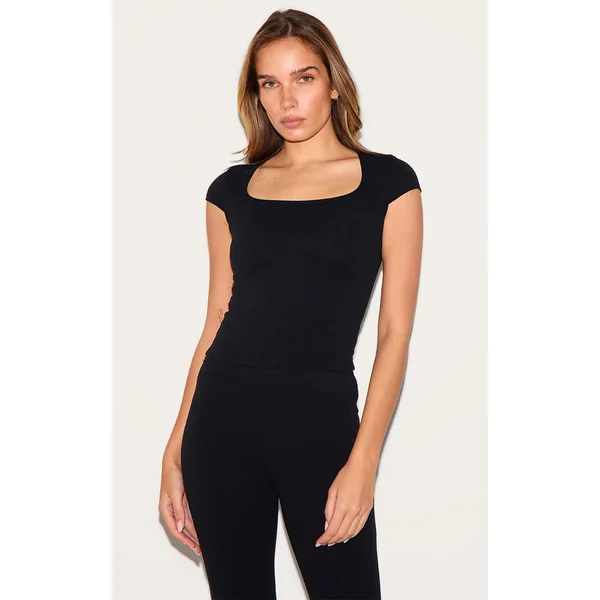 Black Contour Jersey Square Neck Long Top