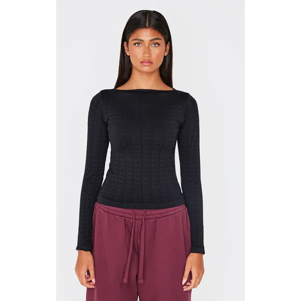 Black Contour Pointelle Detail Boatneck Long Sleeve Top