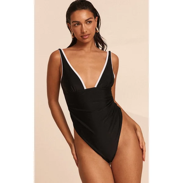 Black Contrast Binding Plunge Ruched Swimsuit