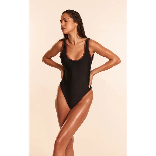 Black Contrast Binding Scoop Back Swimsuit
