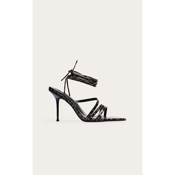 Black Contrast Croc Pu Point Toe Lace Up Heeled Sandals