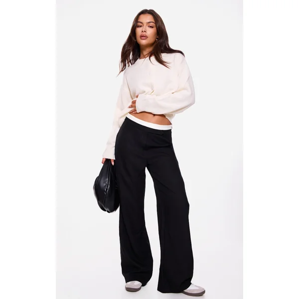 Black Contrast Double Waistband Detail Tailored Pants