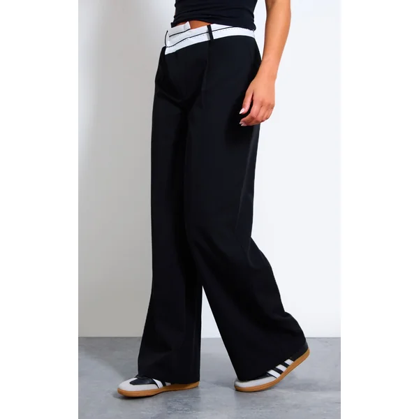 Black Contrast Double Waistband Tailored Straight Leg Pants