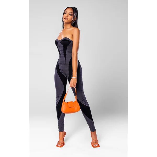 Black Contrast Panel Detail Denim Jumpsuit