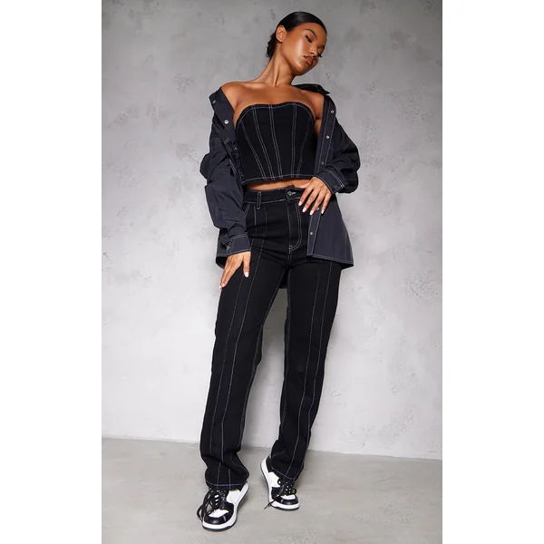 Black Contrast Seam Detail Straight Leg Jeans