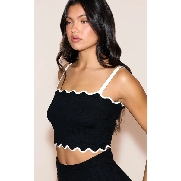 Black Contrast Soft Knit Scallop Hem Cami Top