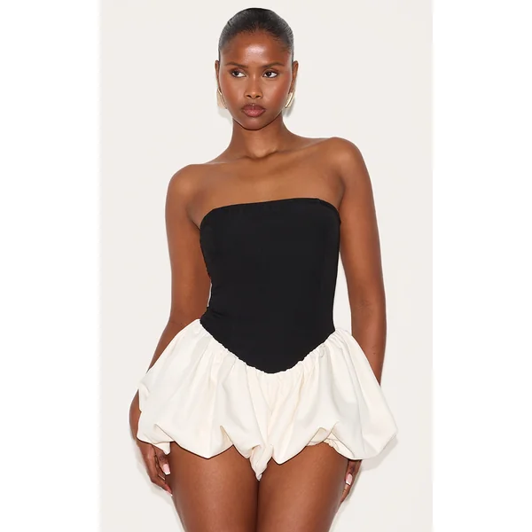 Black Contrast Woven Bandeau Puffball Romper